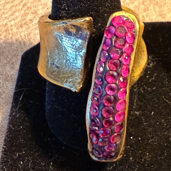 GORGEOUS Artisanal organic brass ring set with genuine rubies London-made - Picture 1 of 9